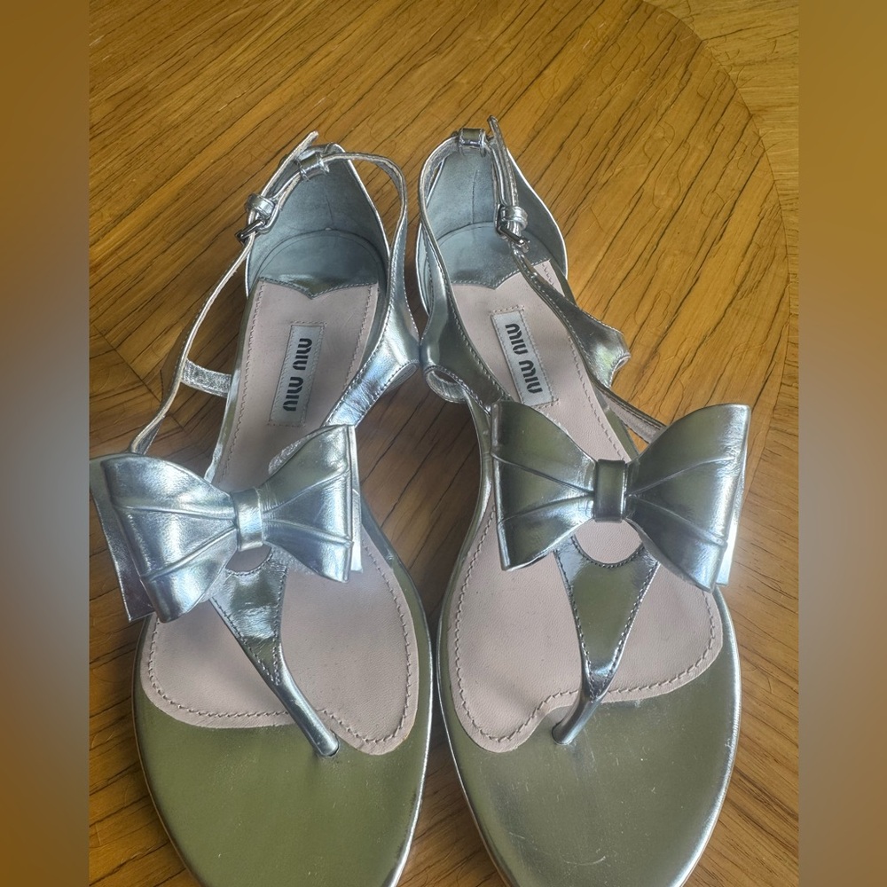 Miu Miu Silver Metallic Flat Sandals
